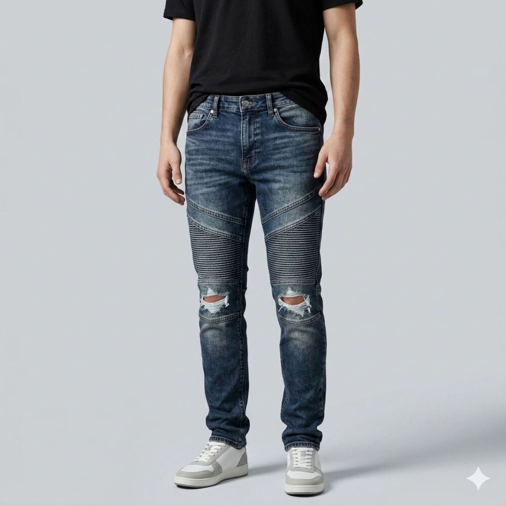 PAC Sun Biker Moto Men's Jeans 30x30 Distressed Skinny Ribbed Panels Skater Y2K